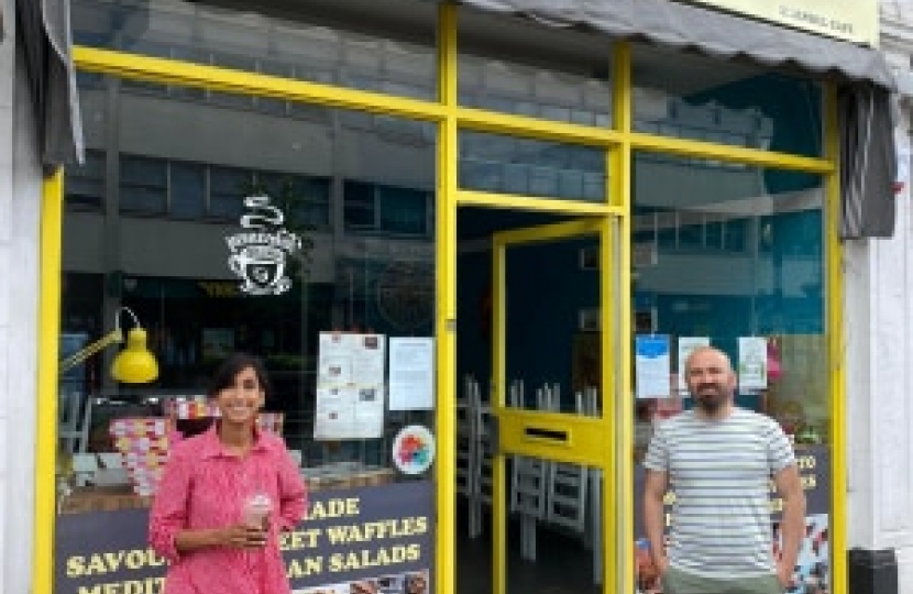 Claire Coutinho, MP for East Surrey, enjoys a milkshake at Caterham Sweet & Savoury Waffles