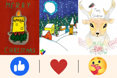 Like react for a red design featuring a candle with the words 'Merry Christmas', heart react for a town on rolling snow-covered hills, and 'care' react for a design featuring a reindeer with the words 'Merry Christmas'.